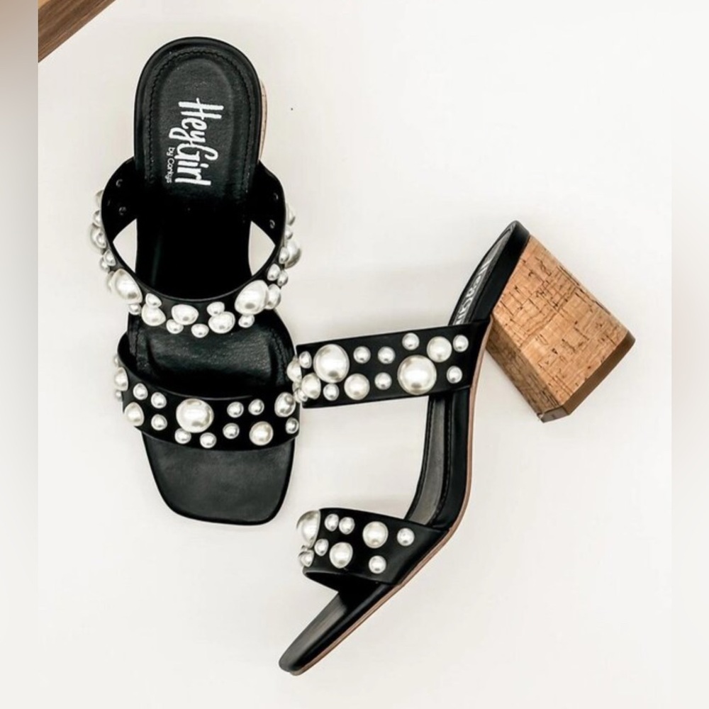 Corkys Black Sandals with Pearl Accents
